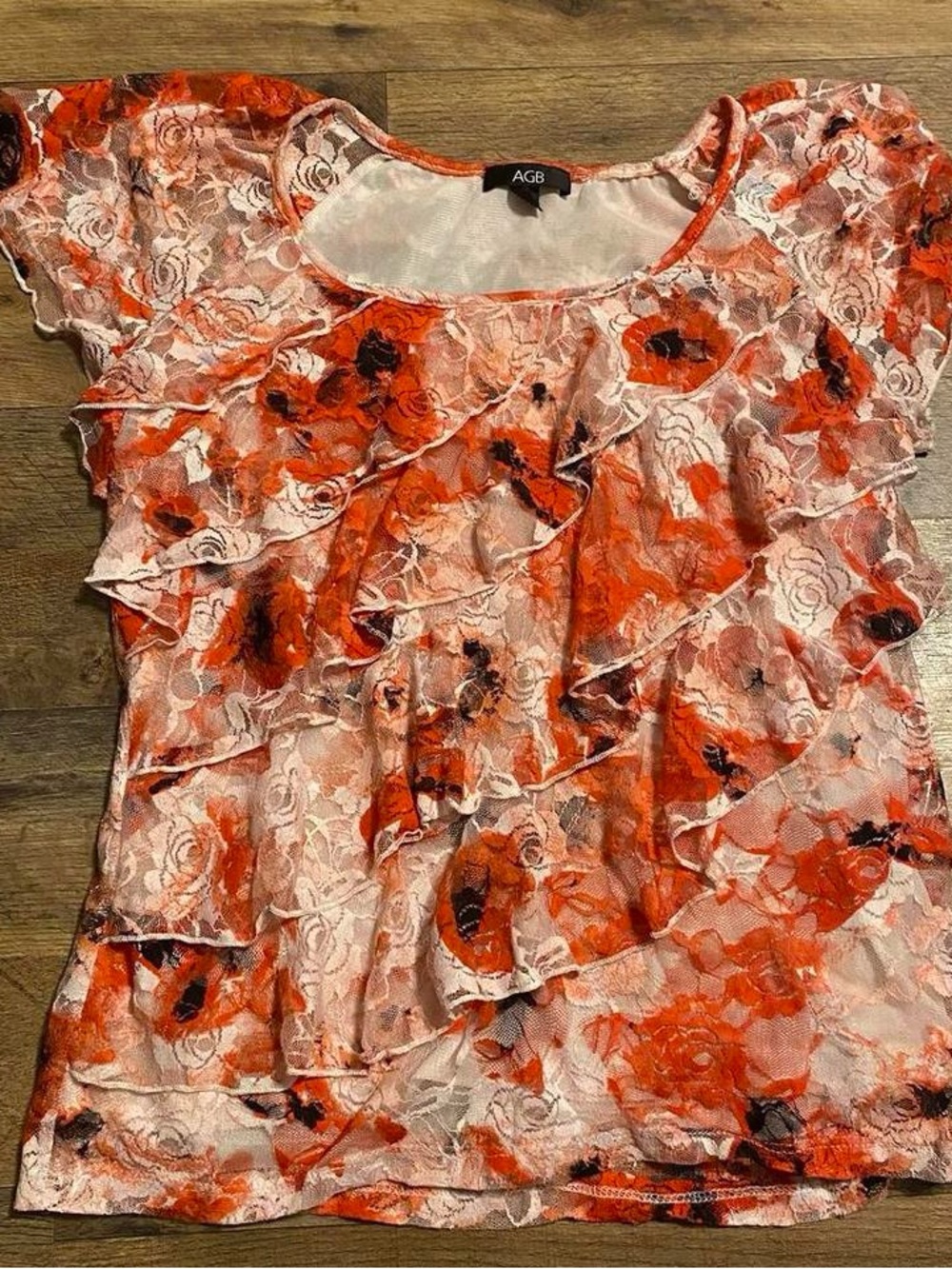 AGB Orange and Cream Floral Lace Ruffle Blouse